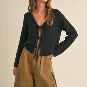 NWT MIOU MUSE Black Women's Tie Front Cardigan Sweater Size Medium